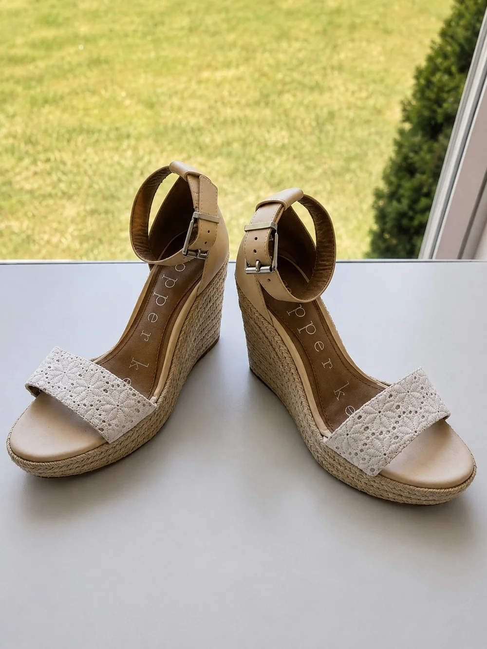 Copper Key Women’s 6.5 Espadrille Wedge Sandals Crochet Ankle Strap Beige
